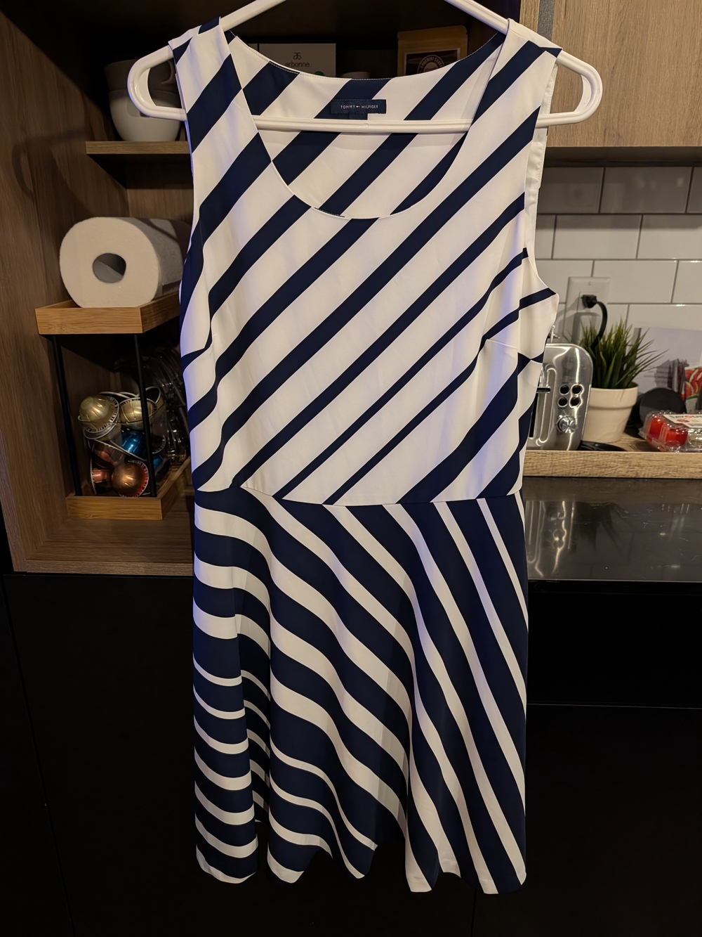 Tommy Hilfiger Navy and White Diagonal Stripe Sleeveless Dress